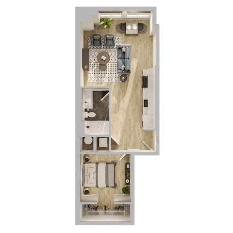 Floor plan for 1 bed, 1 bath, 598 sqft
